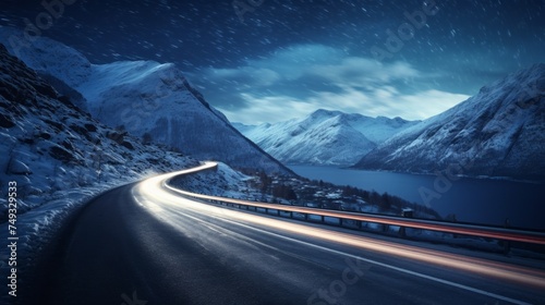 A picturesque Night Landscape of an empty mountain road in winter near high mountains, a river during a snowfall.