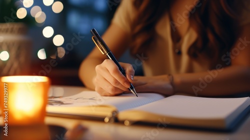 writing and notebook for working at night on creative ideas, strategy or schedule at a desk. Closeup of entrepreneur woman with pen and notes for planning, information or goals for a project photo