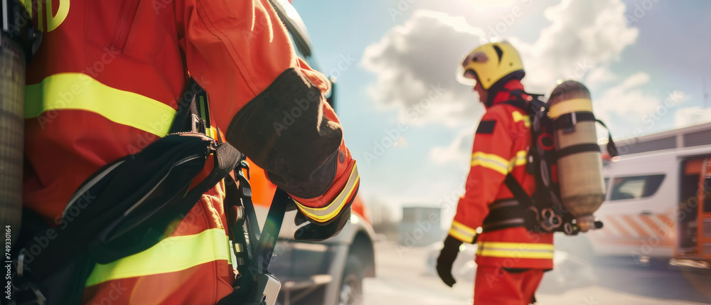 Firefighters with gear in sunlight prepare for action. Firefighters with gear in sunlight prepare for action.