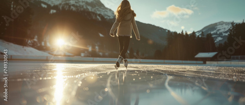 Ice skater gliding on a frozen lake, amidst a breathtaking mountain landscape.