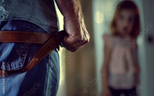 An adult man holding a belt stands in the foreground, symbolizing a looming punishment, with a child visible in the background, capturing a moment of family conflict within a domestic setting.