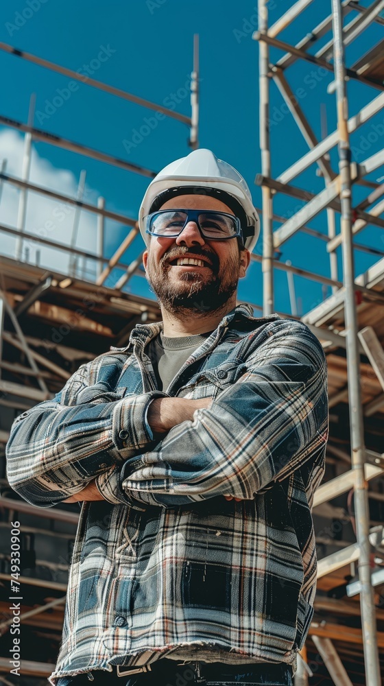 A skilled worker in protective gear stands at an industrial construction site, his joyful expression and crossed arms speaking to his expertise and confidence in the task at hand.