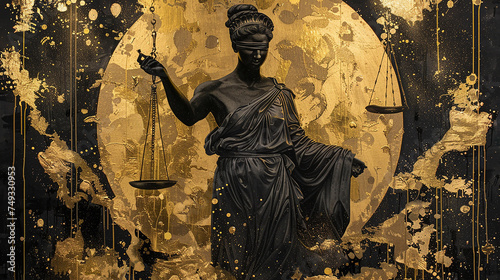  Uma pintura dourada e preta sobre a justiça social e o objetivo de uma sociedade justa e igualitária