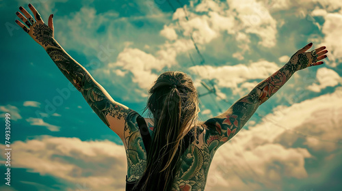 
Uma mulher coberta de tatuagens levantando os braços para o céu para expressar sua independência e liberdade photo