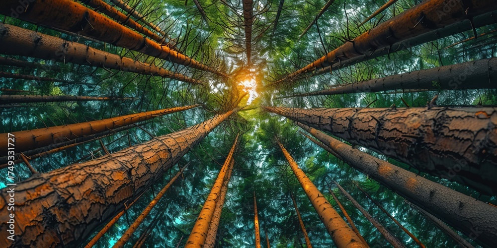 Sunlight pierces through tall pine trees in a dense forest Stock-Foto ...