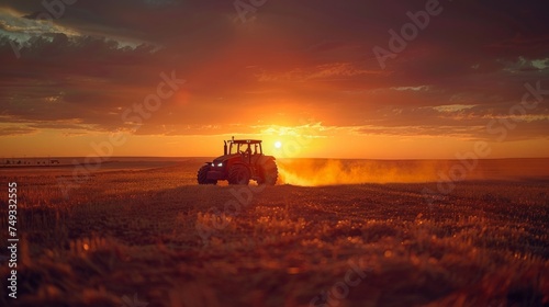 Tractor ploughing the ground of farm land at sunset