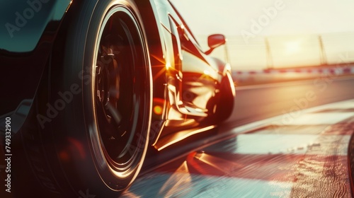 Closeup of a spinning wheel on a race car that is driving through a corner on a racetrack. Film still concept photo