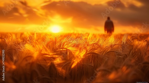 Wheat Field Glow Scene, Farmer walking through a wheat field at sunset.