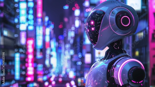 Ceramic AI robot with intricate traditional designs posing amid the neon glow of a high tech metropolis