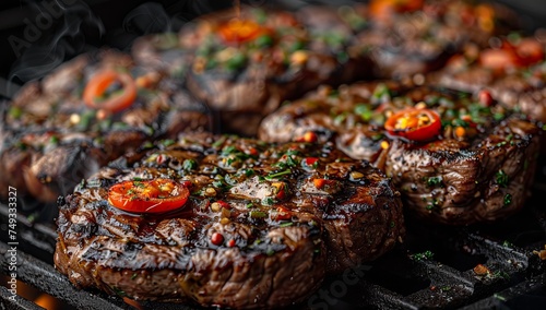 Grilled beef steaks with chili peppers and herbs on the grill