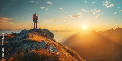 Hiker standing on top of a mountain and looking at the sunset © Meow Creations