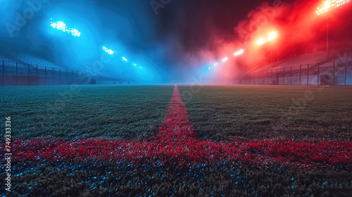 Soccer Game Field with Neon Fog at the Center and Midfield