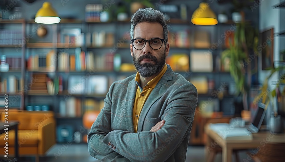 Fototapeta premium Mature businessman confidently stands in modern office