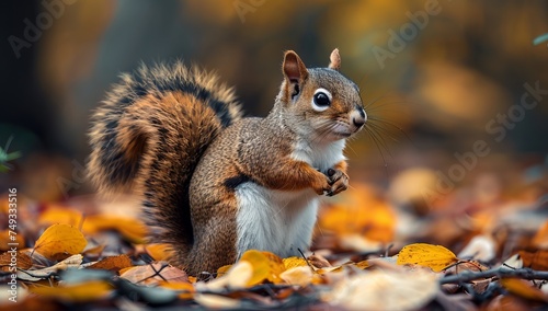 Squirrel in the autumn forest. Wild animal in the nature.