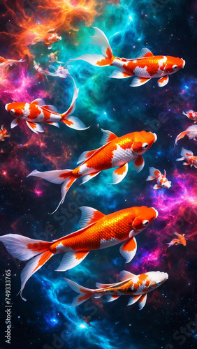 a group of glowing koi fish floating through space, nebula galaxy, stars, milky way, otherworldly  © aiximagination