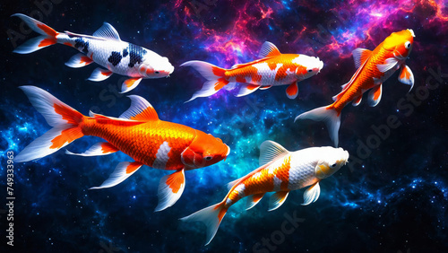 a group of glowing koi fish floating through space, nebula galaxy, stars, milky way, otherworldly  © aiximagination
