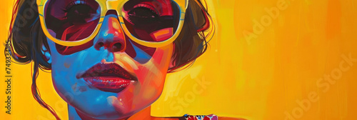 Vibrant artwork of a woman with oversized sunglasses reflecting urban vibes photo