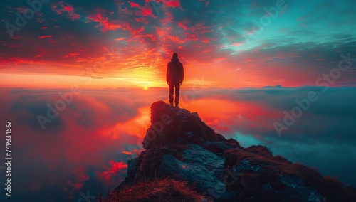 Silhouette of a man standing on top of a mountain at sunset.