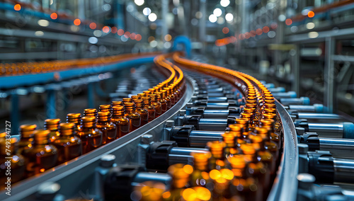 Conveyor belt with bottles on the production line. Industrial background