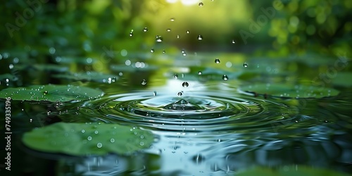 Water drop with green leaves and ripples on the water surface.