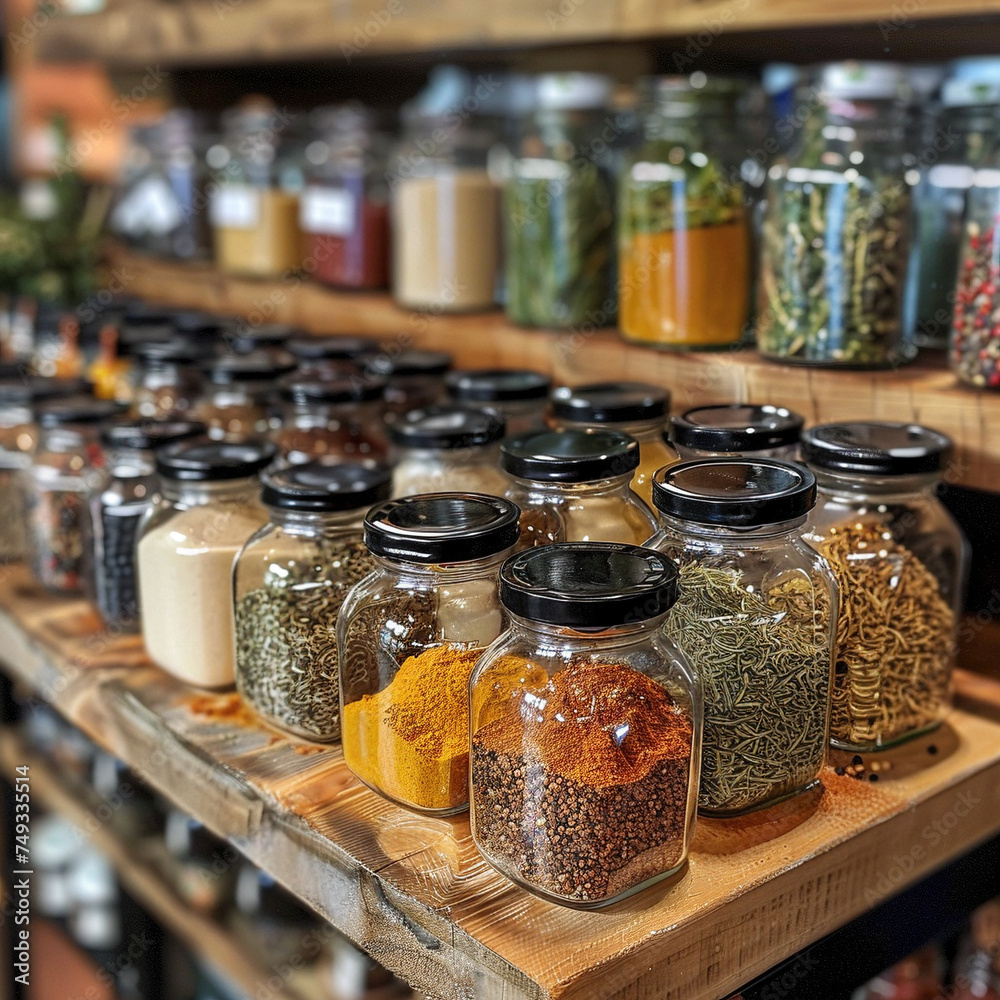 Neatly Arranged Spice Rack with Labeled Jars Neatly Arranged Spice Rack with Labeled Jars