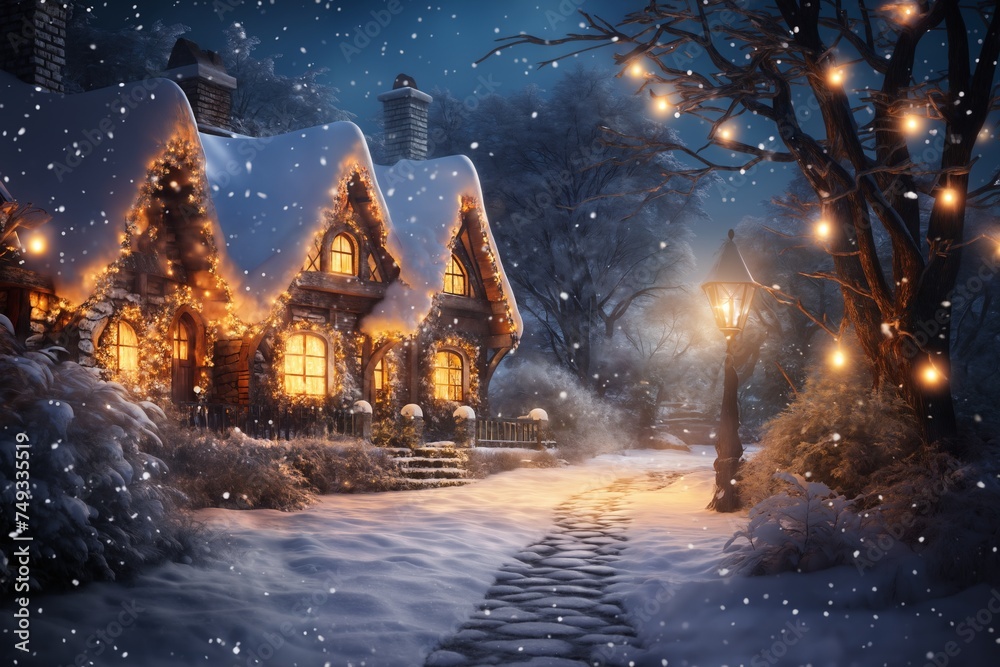 village street in winter season decorated for Christmas or New Year holiday, beautiful view of exteriors of houses , snow, sunset, street lights, festive environment village street in winter season decorated for Christmas or New Year holiday, beautiful view of exteriors of houses , snow, sunset, street lights, festive environment