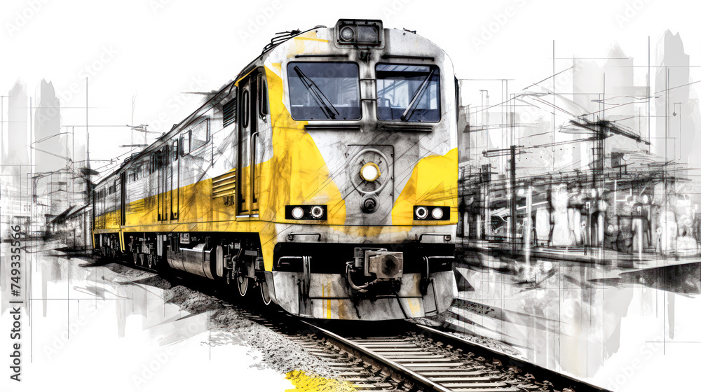 A charming watercolor sketch of a train with yellow gray lines