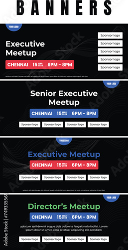 Meetup banners template set black blue and red theme