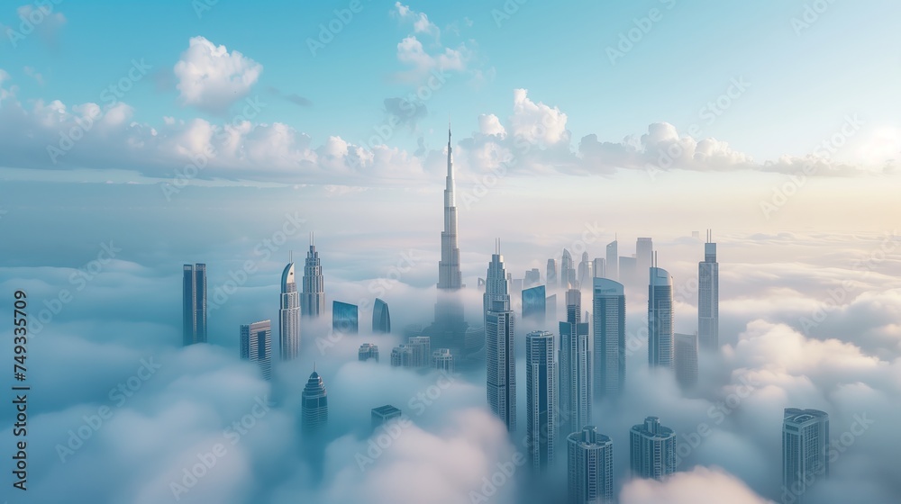 Aerial view of Dubai frame and skyline covered in dense fog during winter season