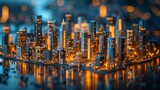 An intricate miniature city model glows with golden lights, simulating a bustling metropolis in a futuristic setting.
