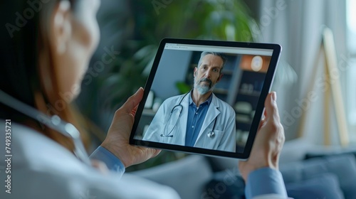 A patient engages in a telehealth session with a doctor displayed on a digital tablet, representing modern healthcare.