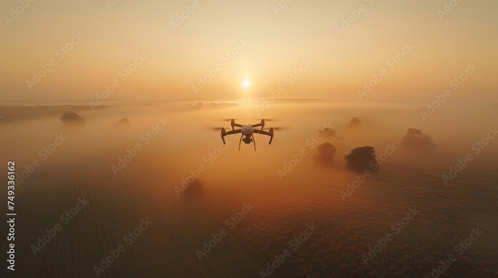 A solitary drone hovers above the golden mist-covered fields, capturing the tranquil beauty of sunrise in the countryside.