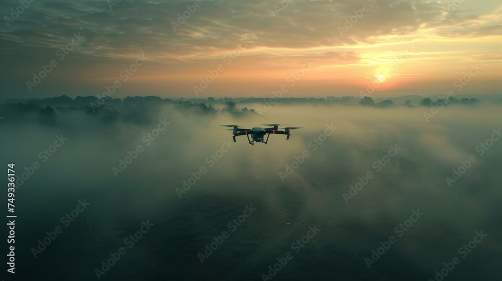 In the quiet of dawn, a drone flies over a landscape shrouded in fog, with the sun rising gently in the background. - obrazy, fototapety, plakaty 