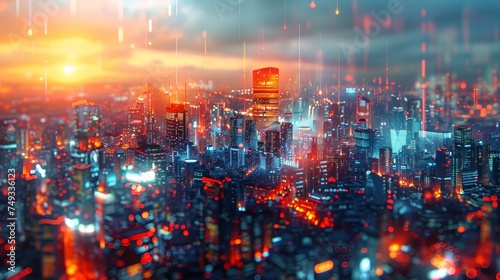 A stunning visual of a futuristic city at dusk, enhanced by a digital rain overlay symbolizing data flow in the urban environment.