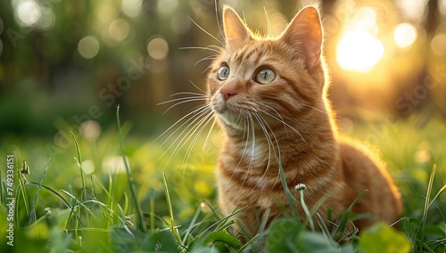 Cute ginger cat sitting on the grass in the sunset light.