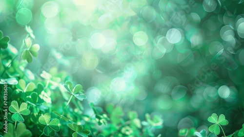st. patrick's day background with green bokeh and shamrocks leaves background for design.