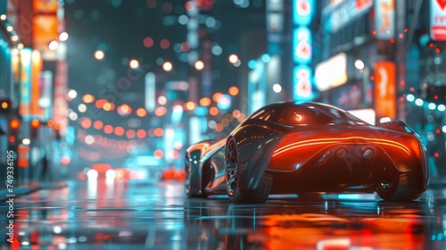 Sleek futuristic sports car driving through a city at night, illuminated by vibrant neon lights and reflections.