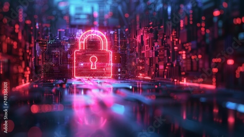 A vivid neon padlock symbol set against a detailed circuit board represents advanced cybersecurity and network protection concepts.