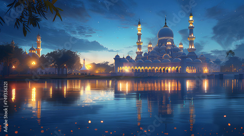 Mosque in the moonlight reflected in the water. Islamic Background 