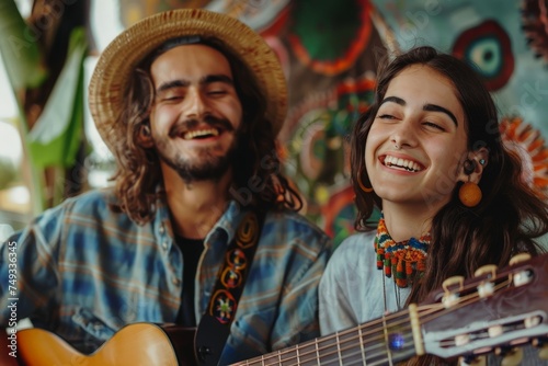 A man and a woman are smiling and playing a guitar together