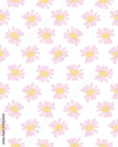Cute Watercolor Floral Seamless Vector Pattern. Childish Drawing-like Abstract Garden. Pink Hand Painted Flowers on a White Background. Infantile Style Floral Endless Print. Girly Floral Pattern.