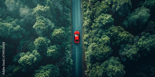 Aerial view of red car driving on the road in the forest
