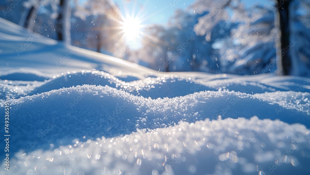 Sun rays shine brightly over pristine snow with trees in the background Sun rays shine brightly over pristine snow with trees in the background