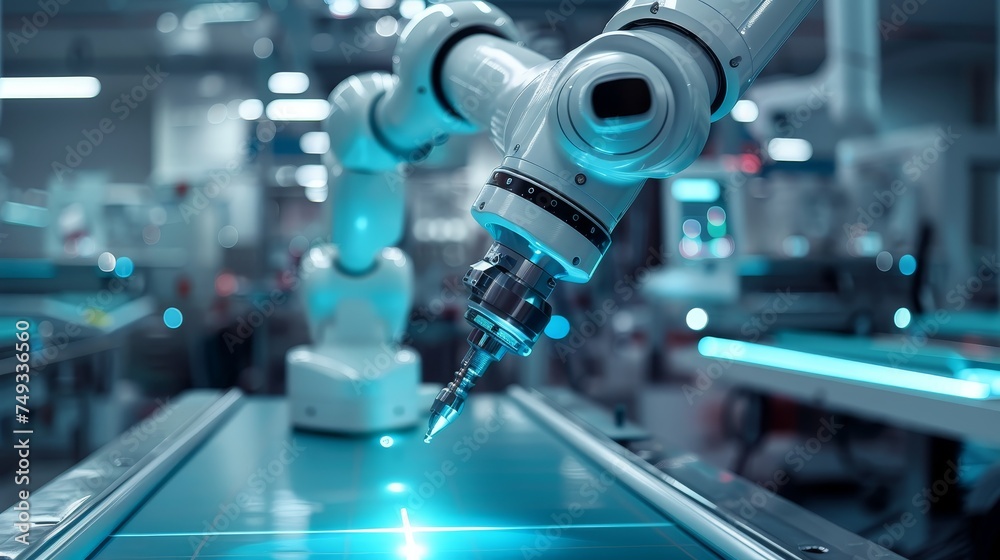 An automated robotic arm performs precise operations on a production line in a futuristic industrial setting, highlighting modern manufacturing excellence.