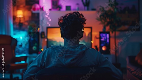 Rear view of a gamer with headphones on, deeply focused on playing a video game in a cozy and vibrantly lit home gaming environment.