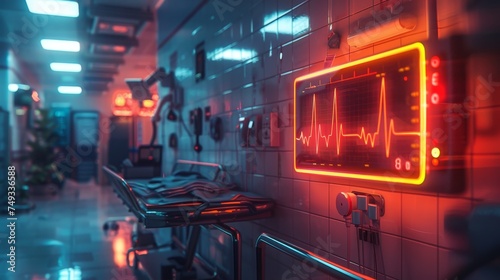 A neon-lit, futuristic hospital corridor, featuring a prominent, glowing ECG heart rate monitor on the wall.