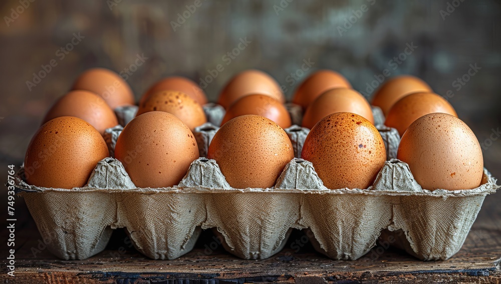 Carton of fresh eggs on a rustic wooden table Carton of fresh eggs on a rustic wooden table