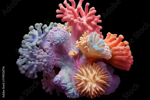Nature, environment, fantasy, graphic resources concept. Abstract and surreal colorful artificial corals background with copy space. Three dimensional corals made of plastic background
