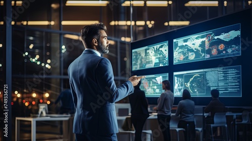 Businessman Presenting Data and standing in front of a big screen that shows graphics of data