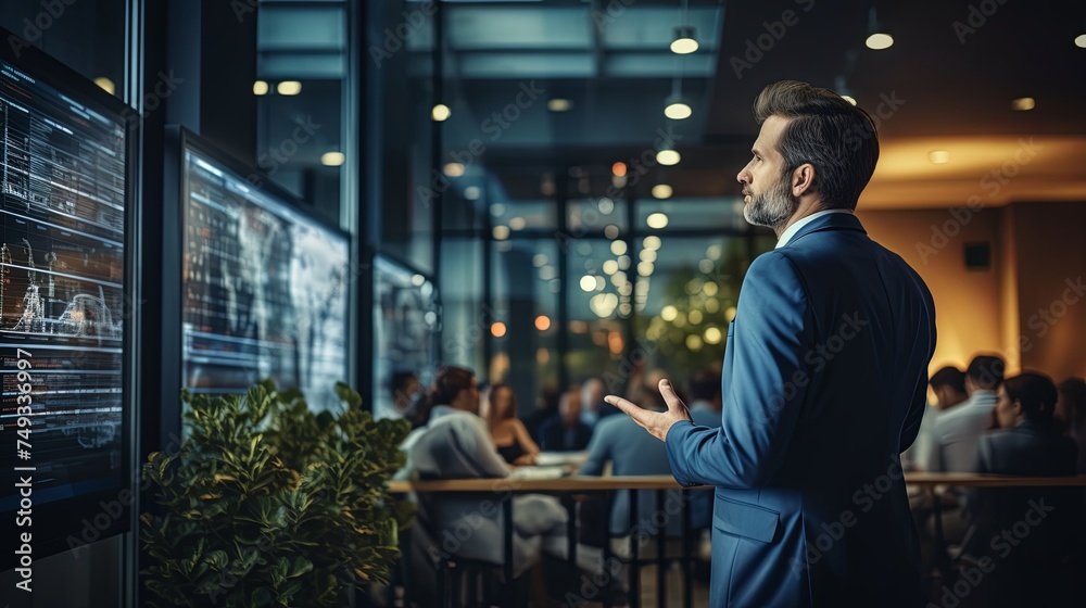 Businessman Presenting Data and standing in front of a big screen that shows graphics of data Businessman Presenting Data and standing in front of a big screen that shows graphics of data